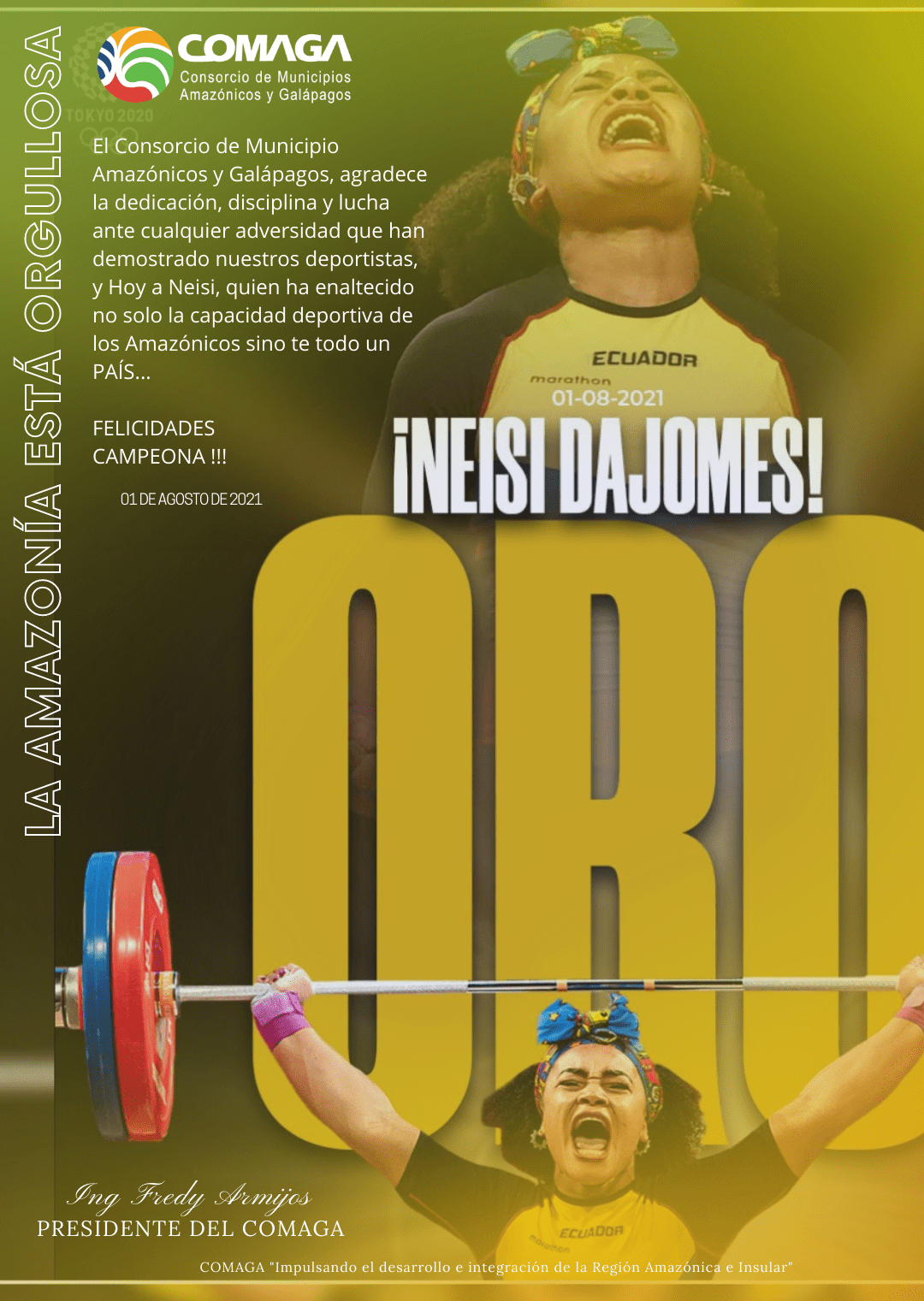 EL COMAGA FELICITA A NEISI DAJAMES, ORGULLO AMAZONICO, Y ORO OLÍMPICO ECUATORIANO.