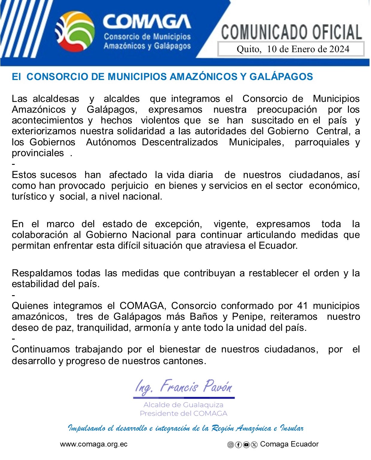 Comunicado del Consorcio de Municipios Amazónicos y Galápagos