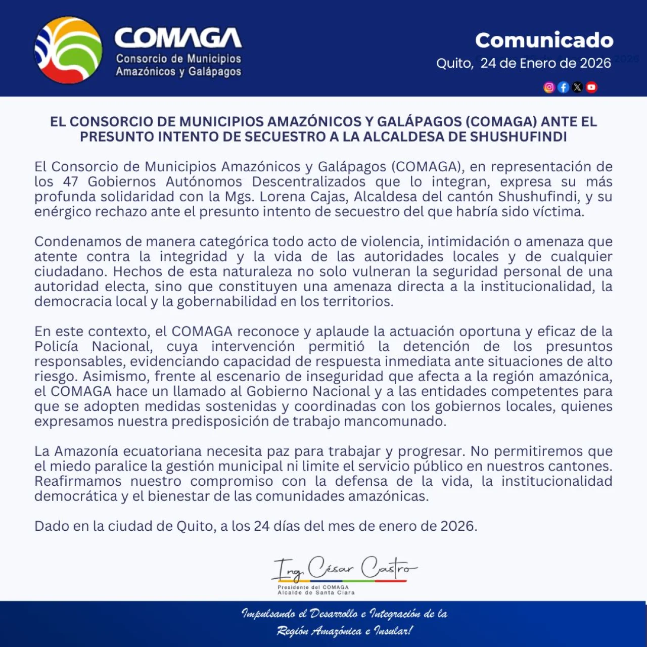 𝙀𝙇 𝘾𝙊𝙉𝙎𝙊𝙍𝘾𝙄𝙊 𝘿𝙀 𝙈𝙐𝙉𝙄𝘾𝙄𝙋𝙄𝙊𝙎 𝘼𝙈𝘼𝙕Ó𝙉𝙄𝘾𝙊𝙎 𝙔 𝙂𝘼𝙇Á𝙋𝘼𝙂𝙊𝙎 (𝘾𝙊𝙈𝘼𝙂𝘼) 𝘼𝙉𝙏𝙀 𝙀𝙇 𝙋𝙍𝙀𝙎𝙐𝙉𝙏𝙊 𝙄𝙉𝙏𝙀𝙉𝙏𝙊 𝘿𝙀 𝙎𝙀𝘾𝙐𝙀𝙎𝙏𝙍𝙊 𝘼 𝙇𝘼 𝘼𝙇𝘾𝘼𝙇𝘿𝙀𝙎𝘼 𝘿𝙀 𝙎𝙃𝙐𝙎𝙃𝙐𝙁𝙄𝙉𝘿𝙄